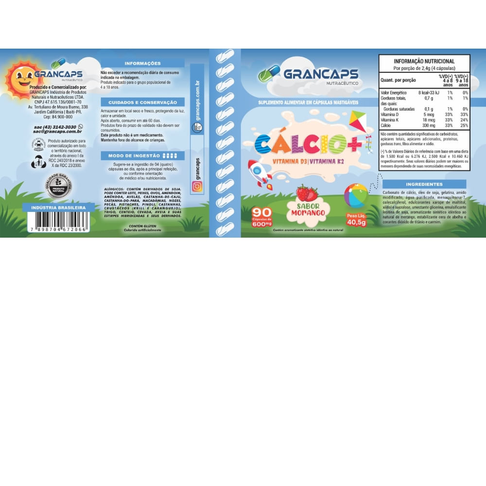 Cálcio, Vitamina K2 e D3 Kids Grancaps 90 Cápsulas