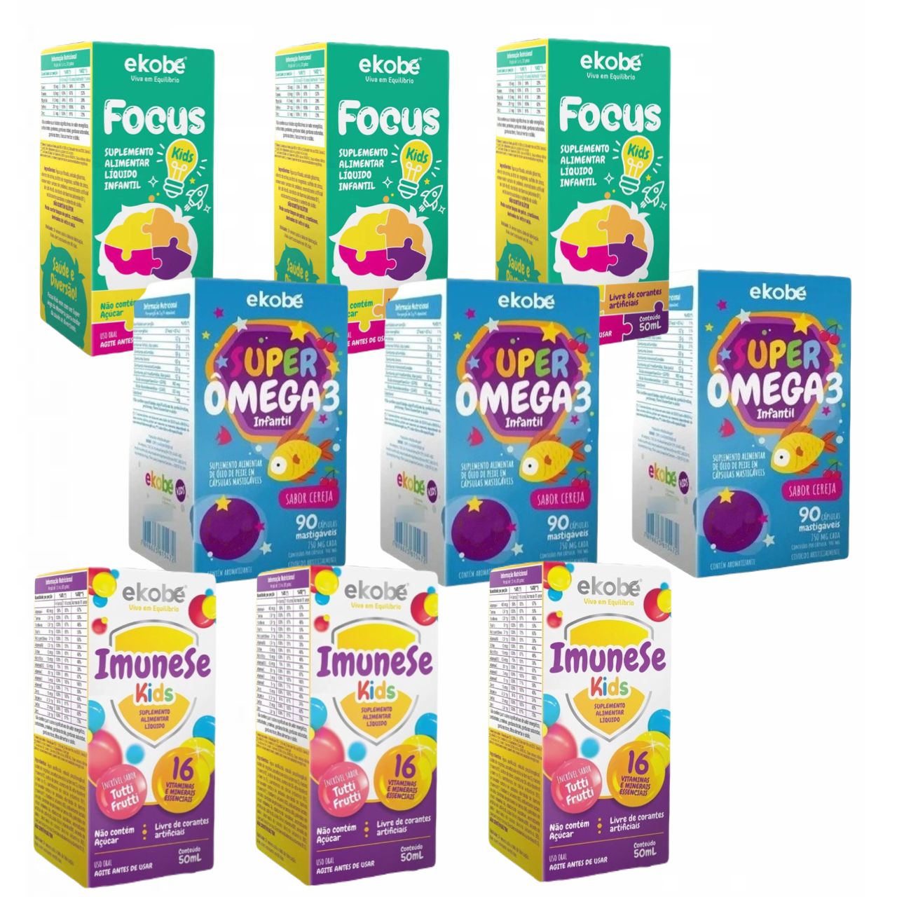 3x Focus Kids + 3x Super Ômega 3 Kids + 3x Imunese Kids