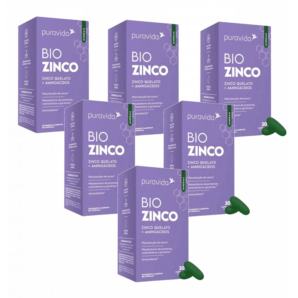 Kit 6x Bio Zinco Puravida Zinco Quelado + Aminoácidos