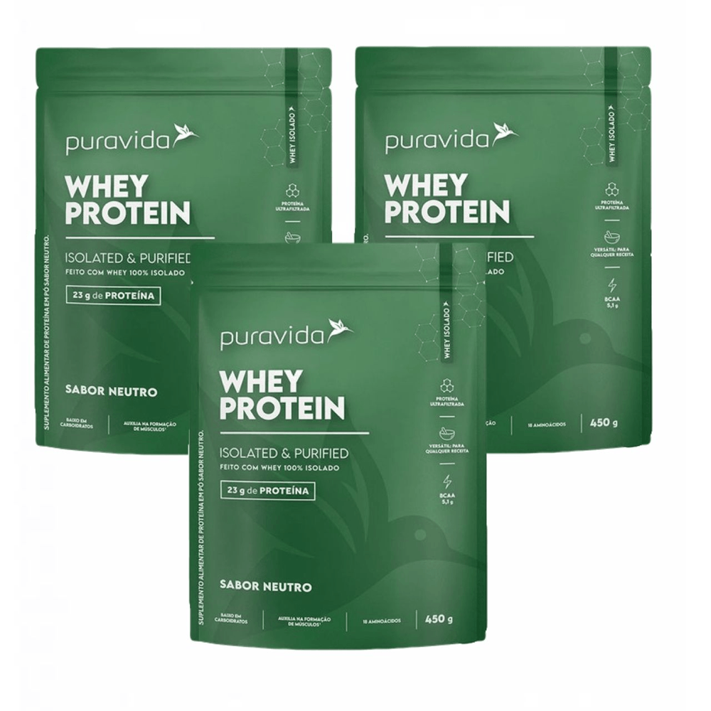 Kit 3x Whey Protein Isolado Sabor Neutro PuraVida
