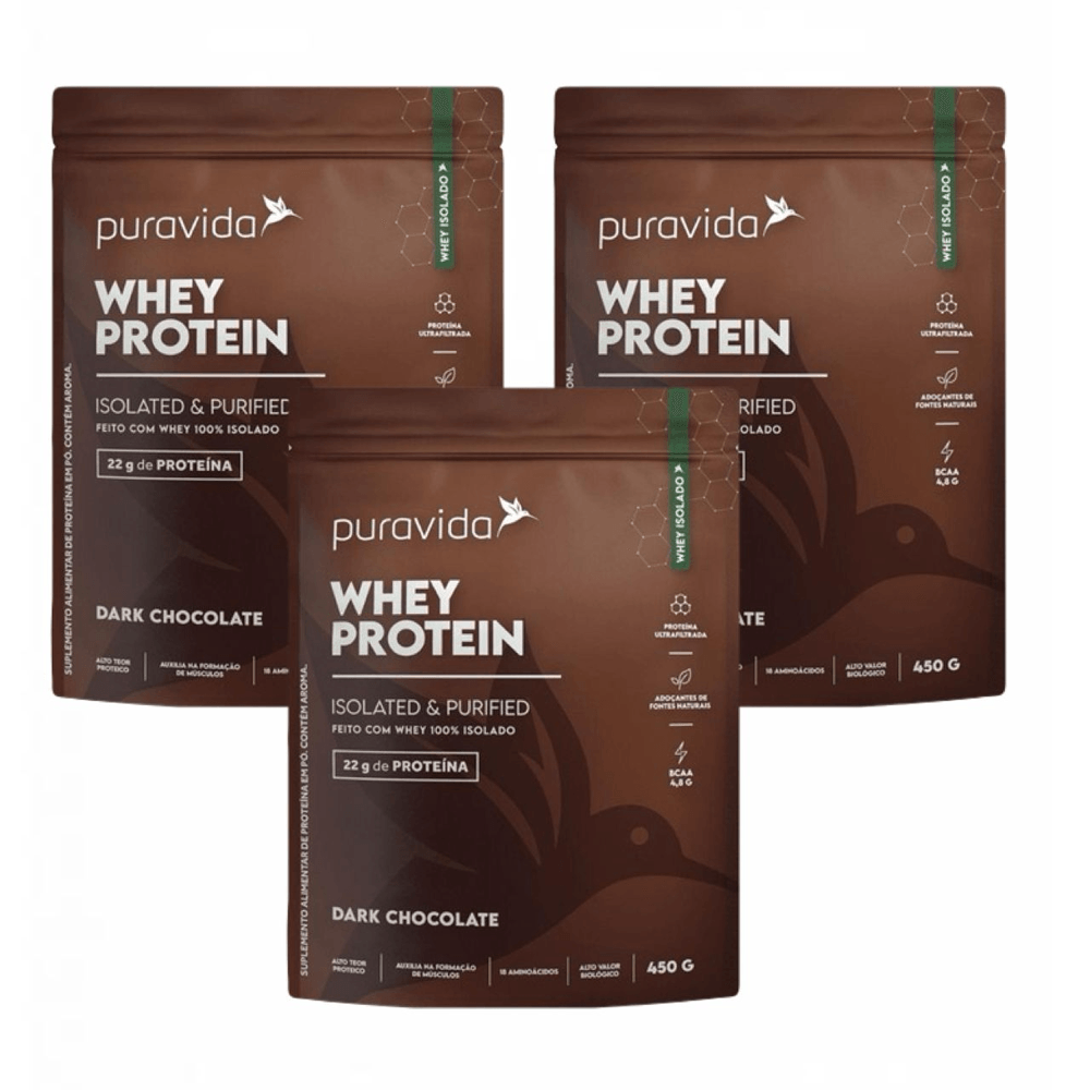 Kit 3x Whey Protein Isolado Dark Chocolate PuraVida