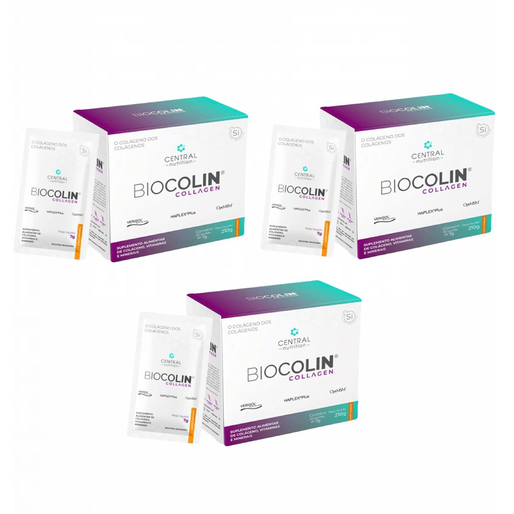 Kit 3x Biocolin Collagen Central Nutrition Tangerina 30 Sachês