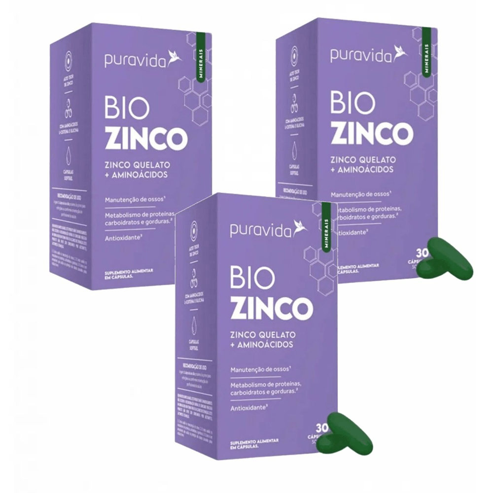 Kit 3x Bio Zinco PuraVida Zinco Quelado + Aminoácidos