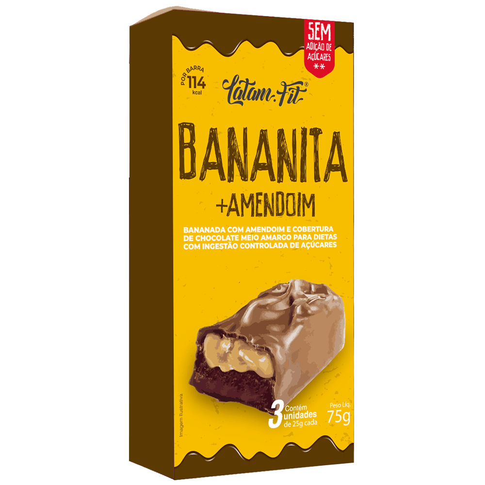 Banana + Amendoim Coberto com chocolate Zero Açúcar cada Latam Fit 3 uni de 25g