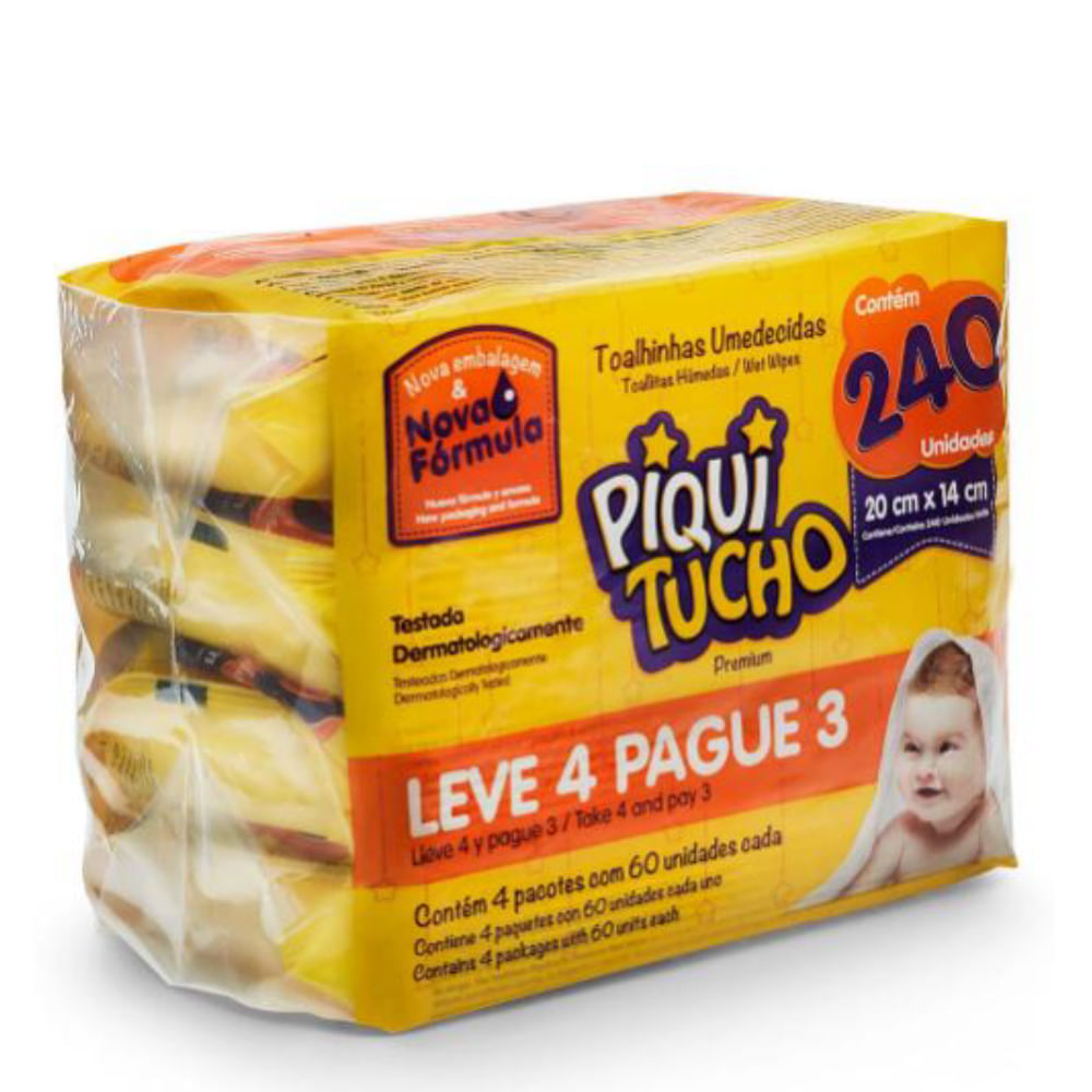 Lenço Umedecido Piquitucho Premium 4 pacotes com 60 Unidades cada