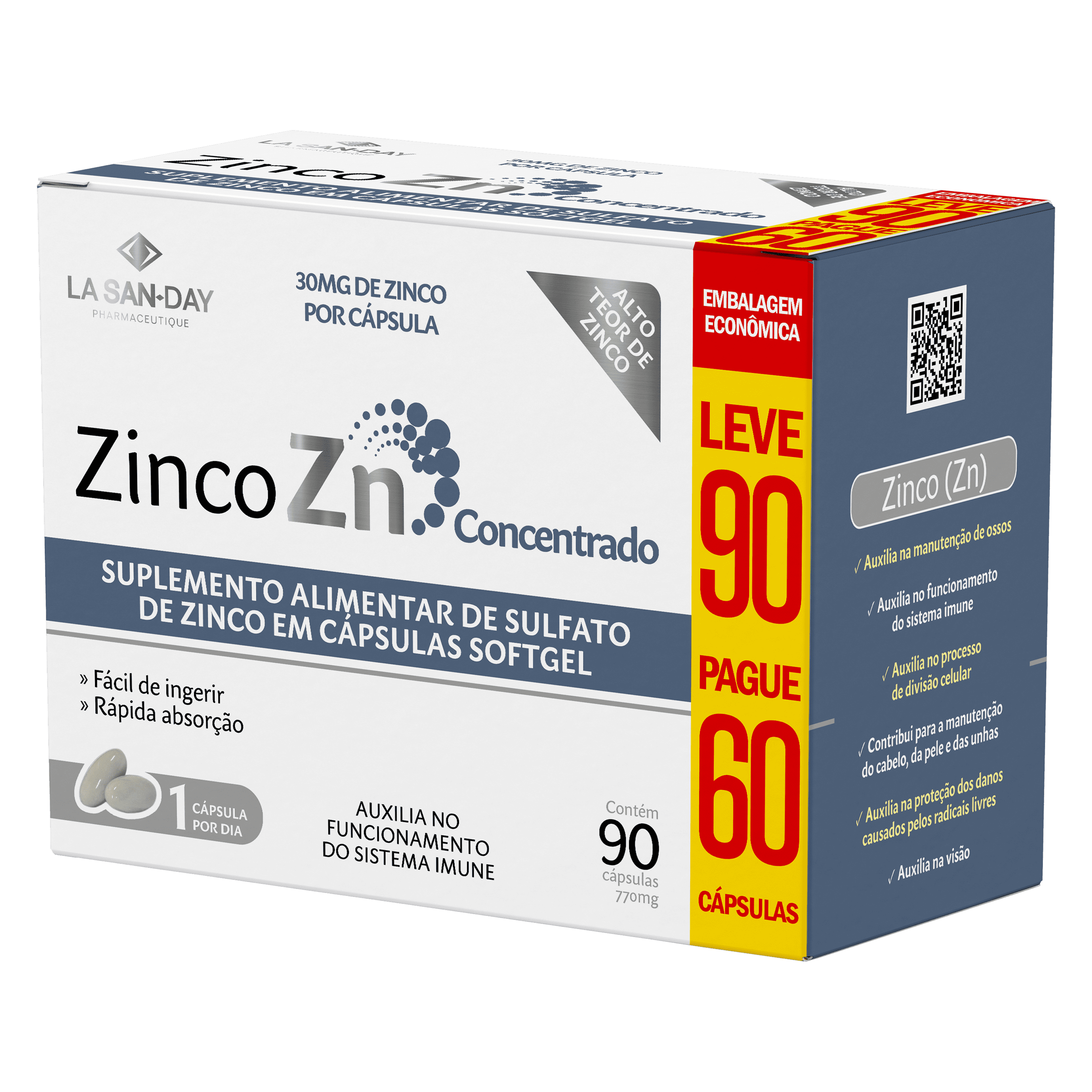 Suplemento Alimentar de Sulfato de Zinco 60 Cápsulas Softgel