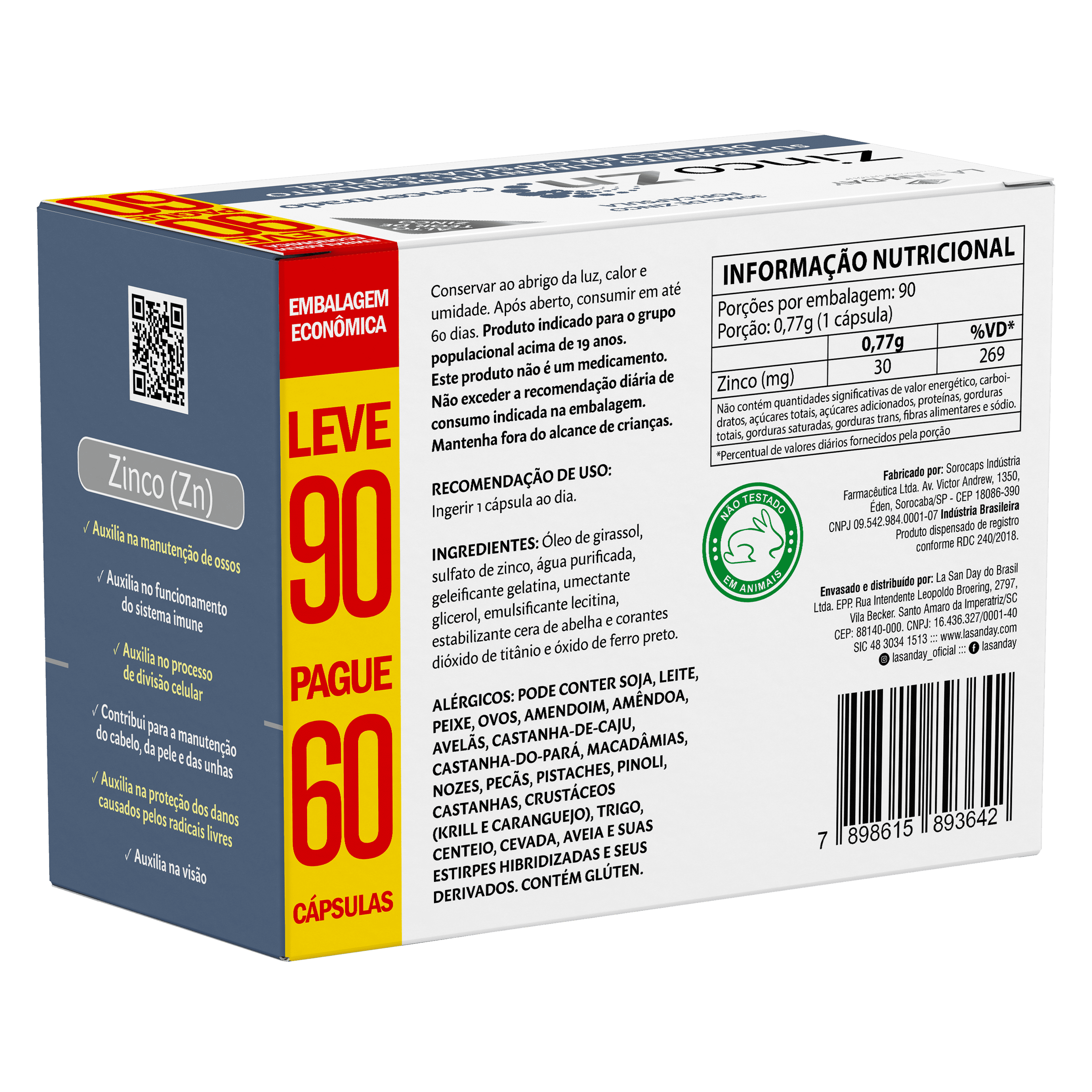 Suplemento Alimentar de Sulfato de Zinco 60 Cápsulas Softgel
