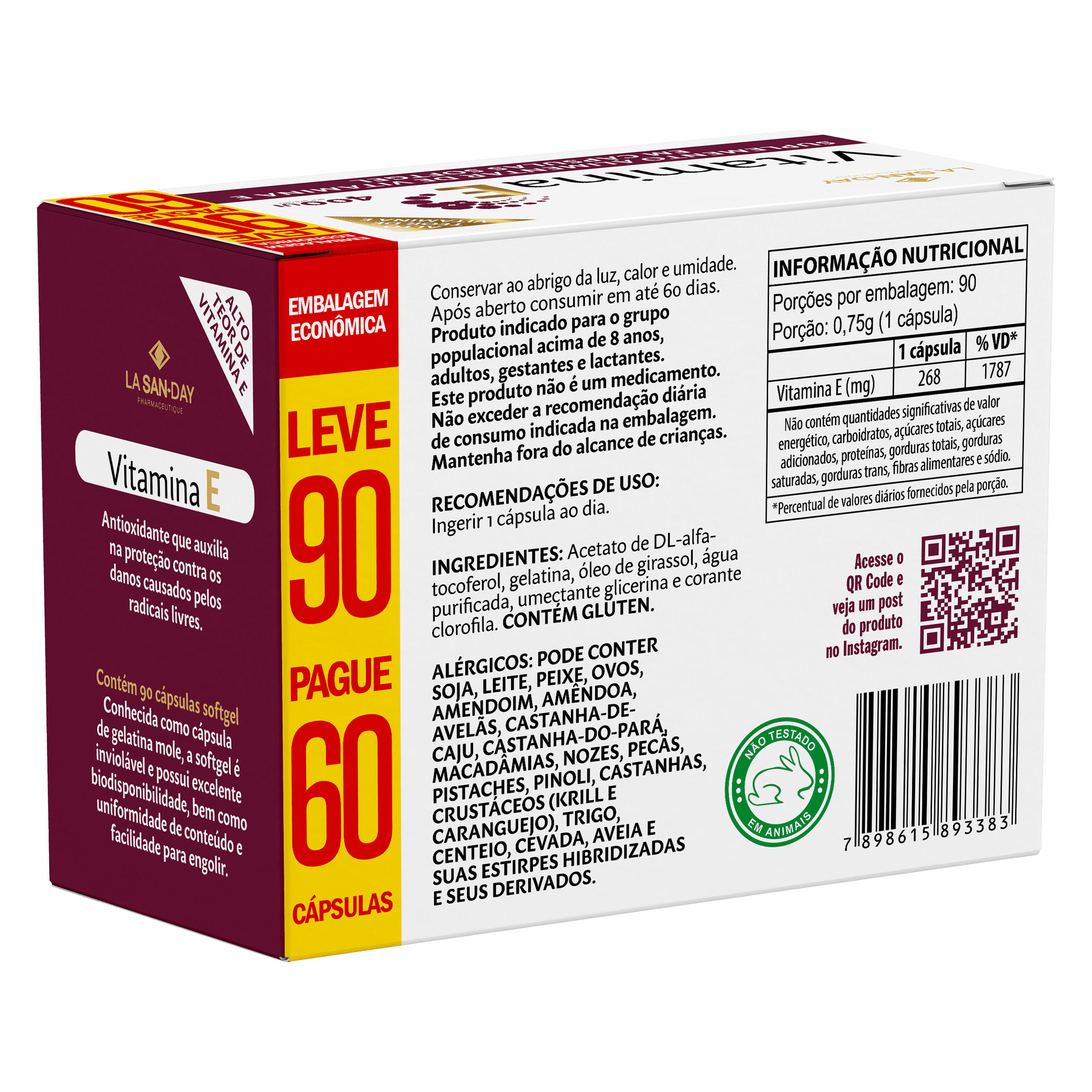 Suplemento Alimentar de Vitamina E 90 Cápsulas Softgel