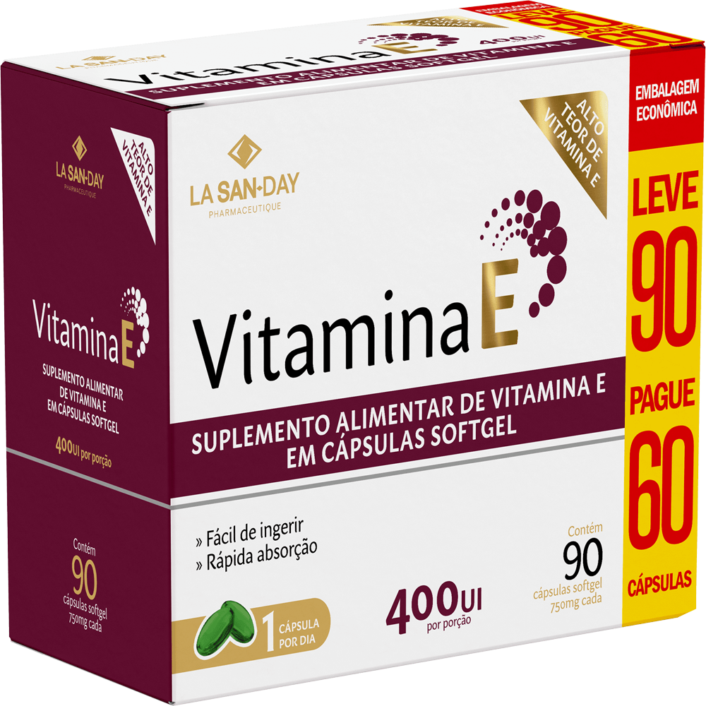 Suplemento Alimentar de Vitamina E 90 Cápsulas Softgel