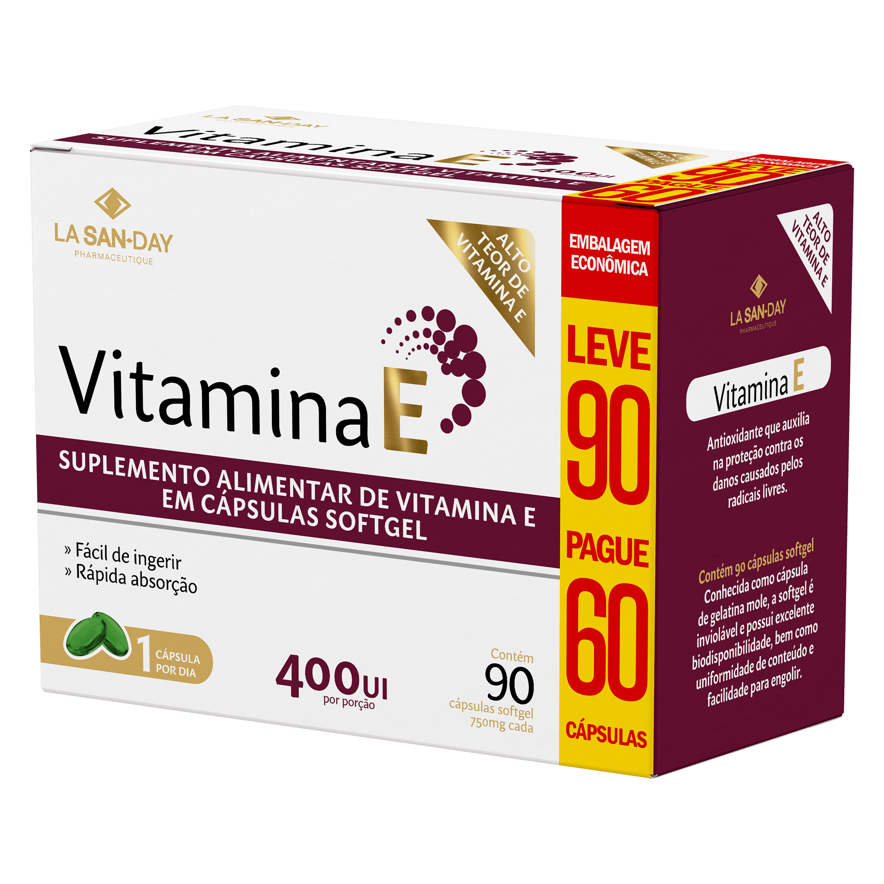 Suplemento Alimentar de Vitamina E 90 Cápsulas Softgel