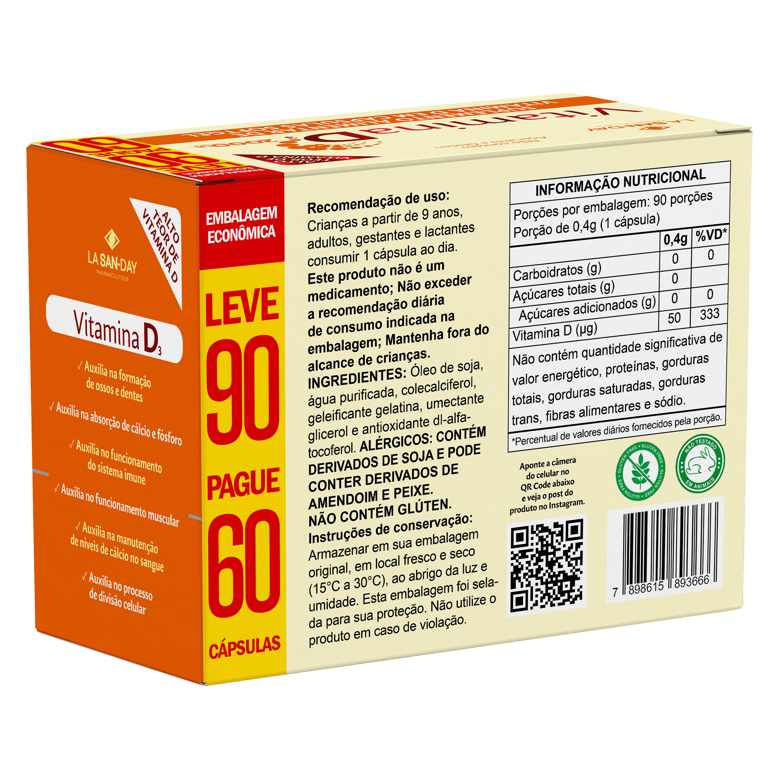 Suplemento Alimentar de Vitamina D3 90 Cápsulas Softgel