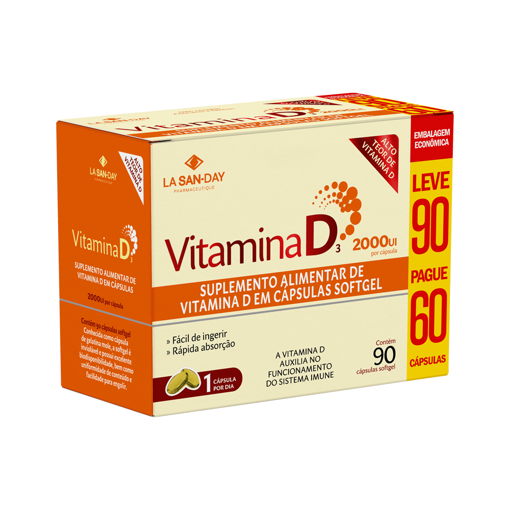 Suplemento Alimentar de Vitamina D3 90 Cápsulas Softgel