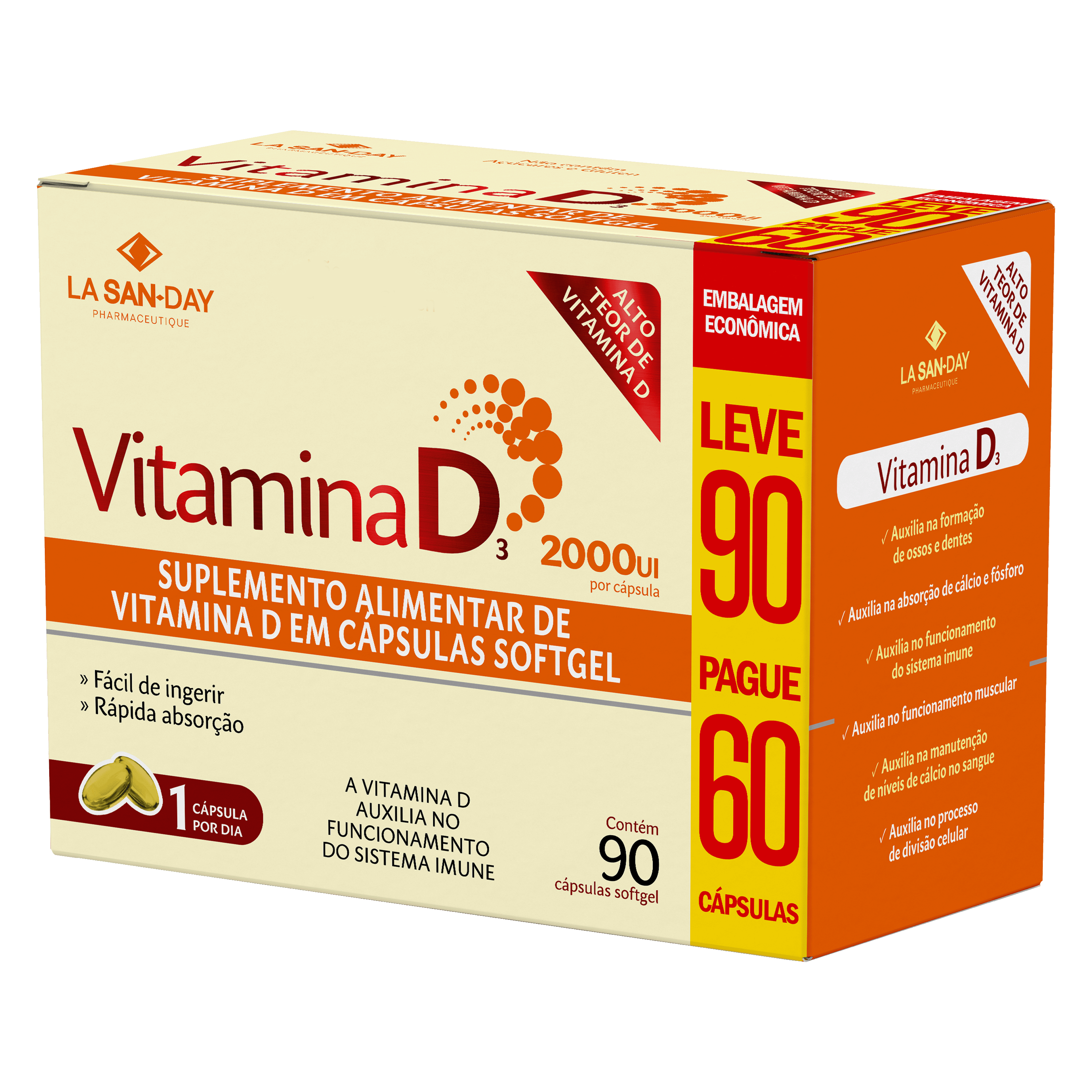 Suplemento Alimentar de Vitamina D3 90 Cápsulas Softgel