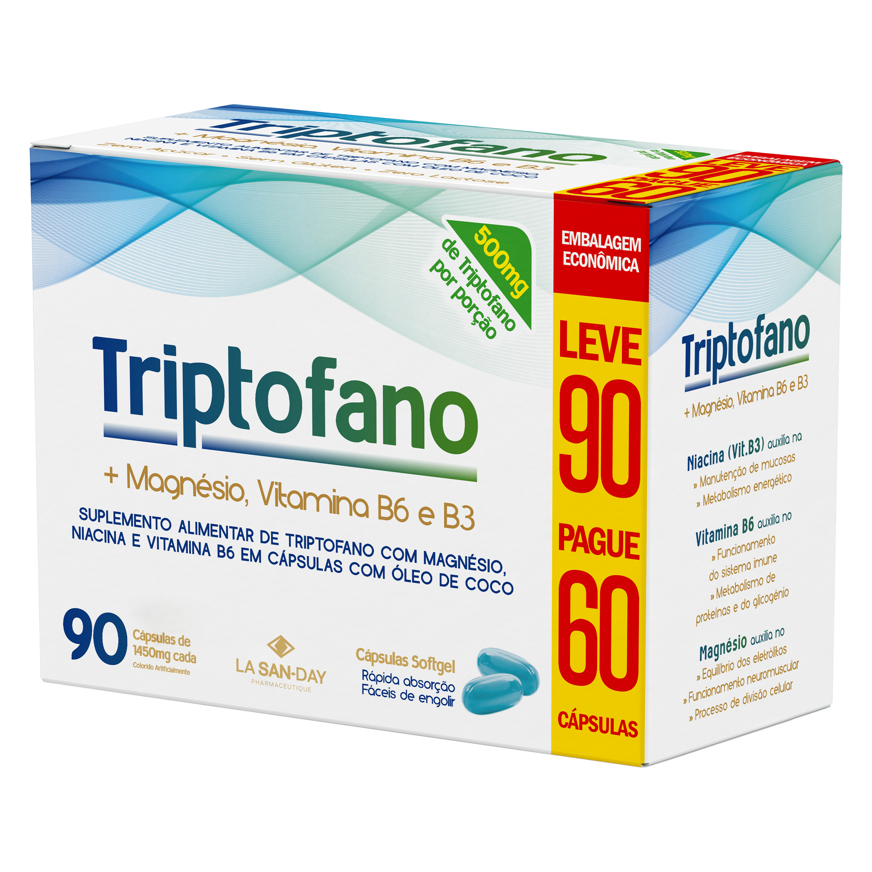 Triptofano + Magnésio, Vitamina B3 e Vitamina B6 90 Cápsulas