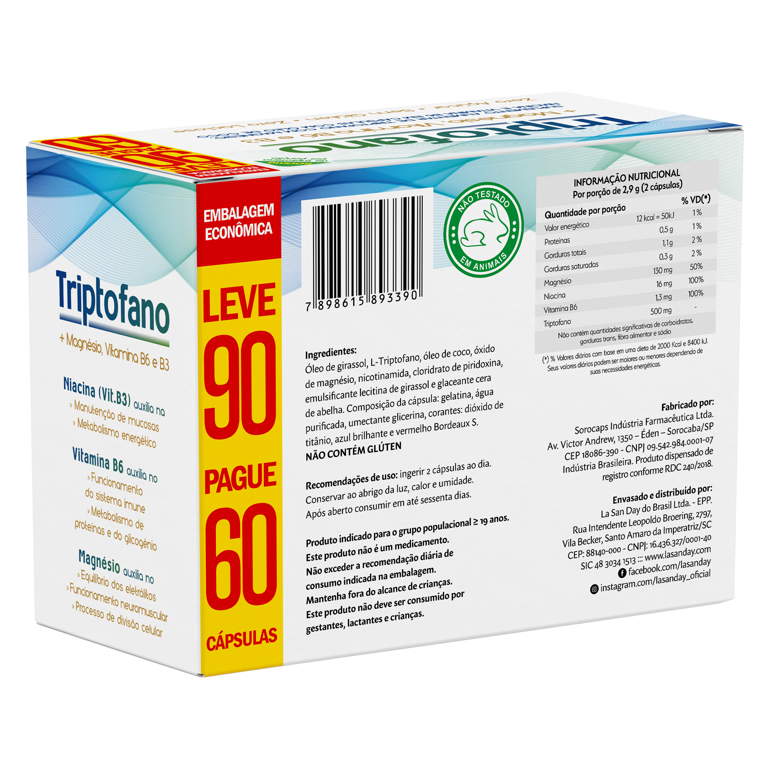 Triptofano + Magnésio, Vitamina B3 e Vitamina B6 90 Cápsulas