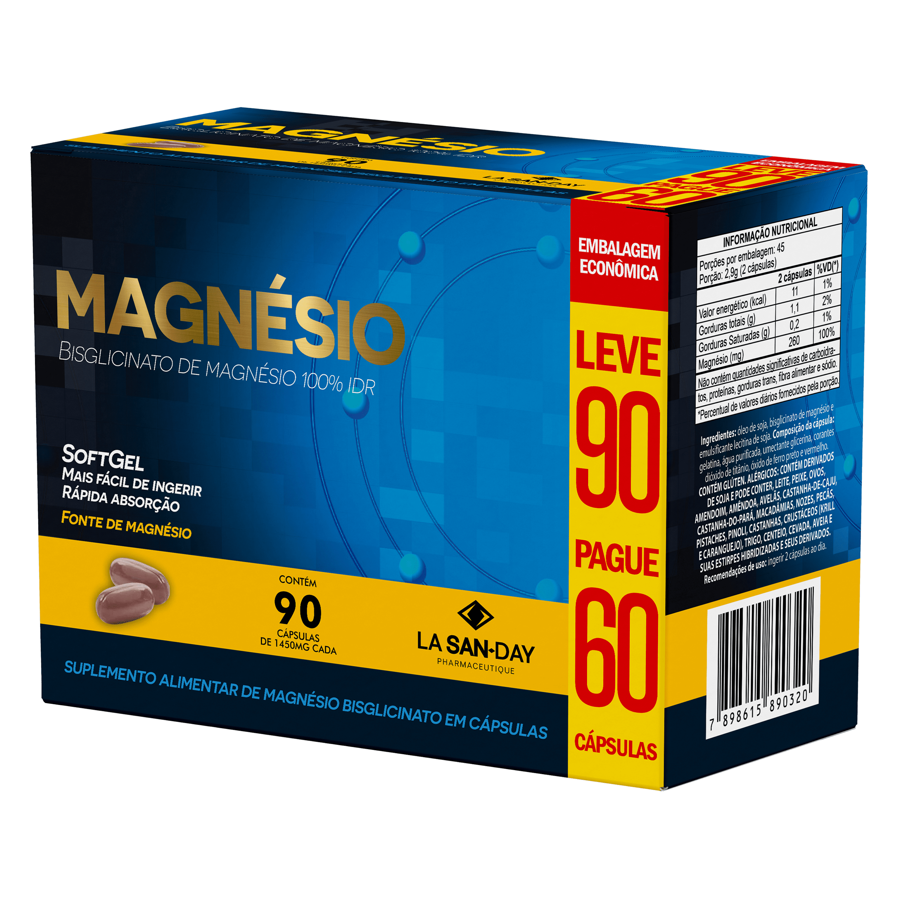 Suplemento de Magnésio Bisglicinato 90 Cápsulas Softgel