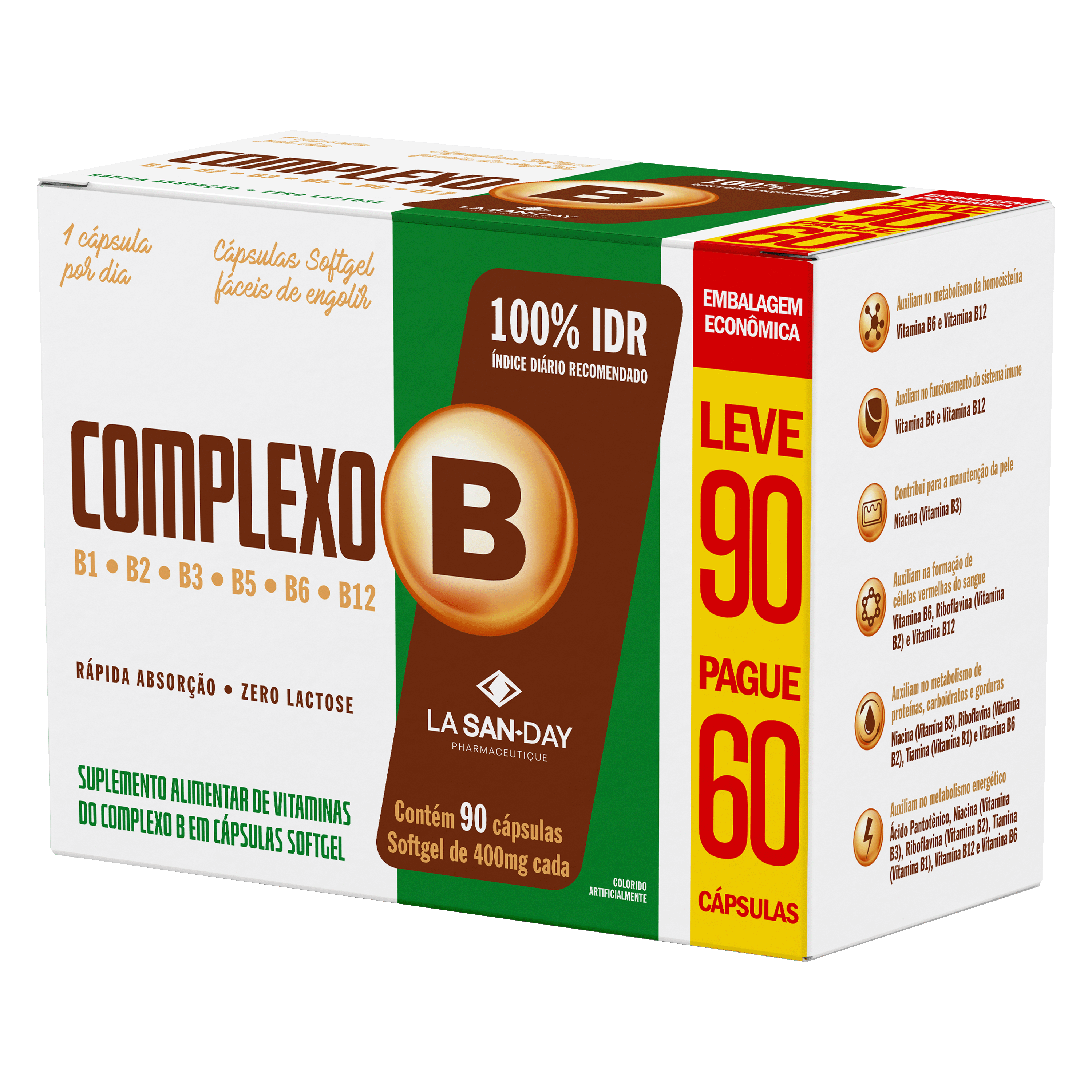 Suplemento Alimentar de Vitaminas do Complexo B 90 Cápsulas