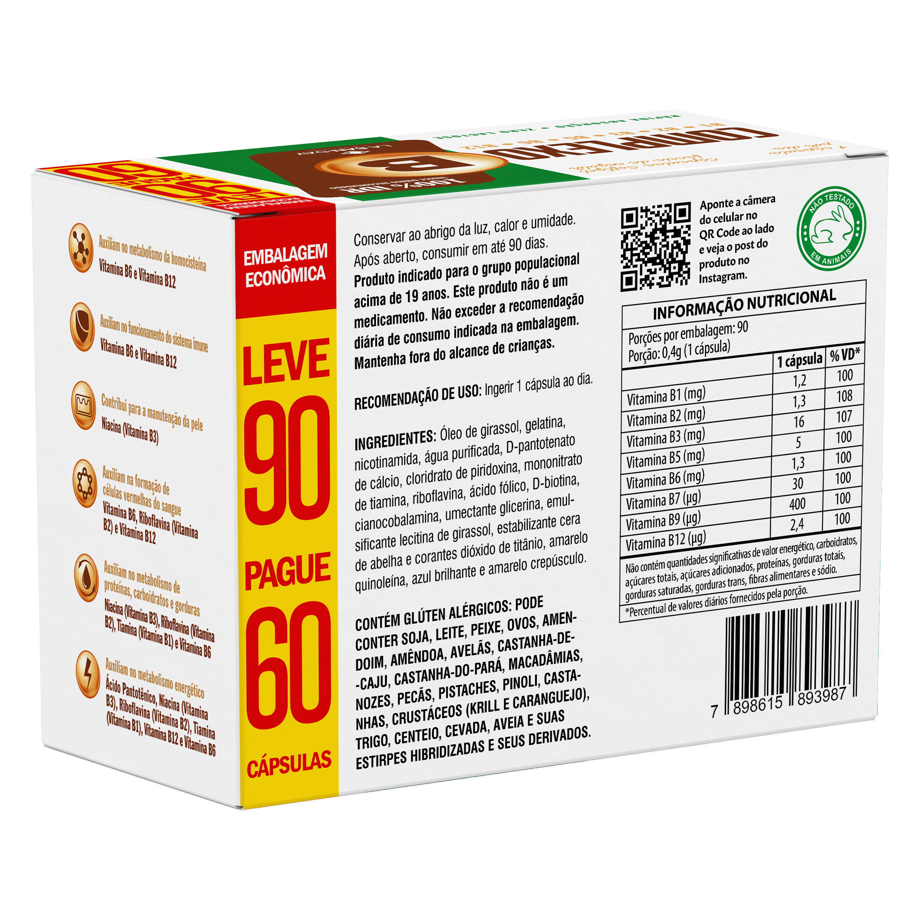 Suplemento Alimentar de Vitaminas do Complexo B 90 Cápsulas