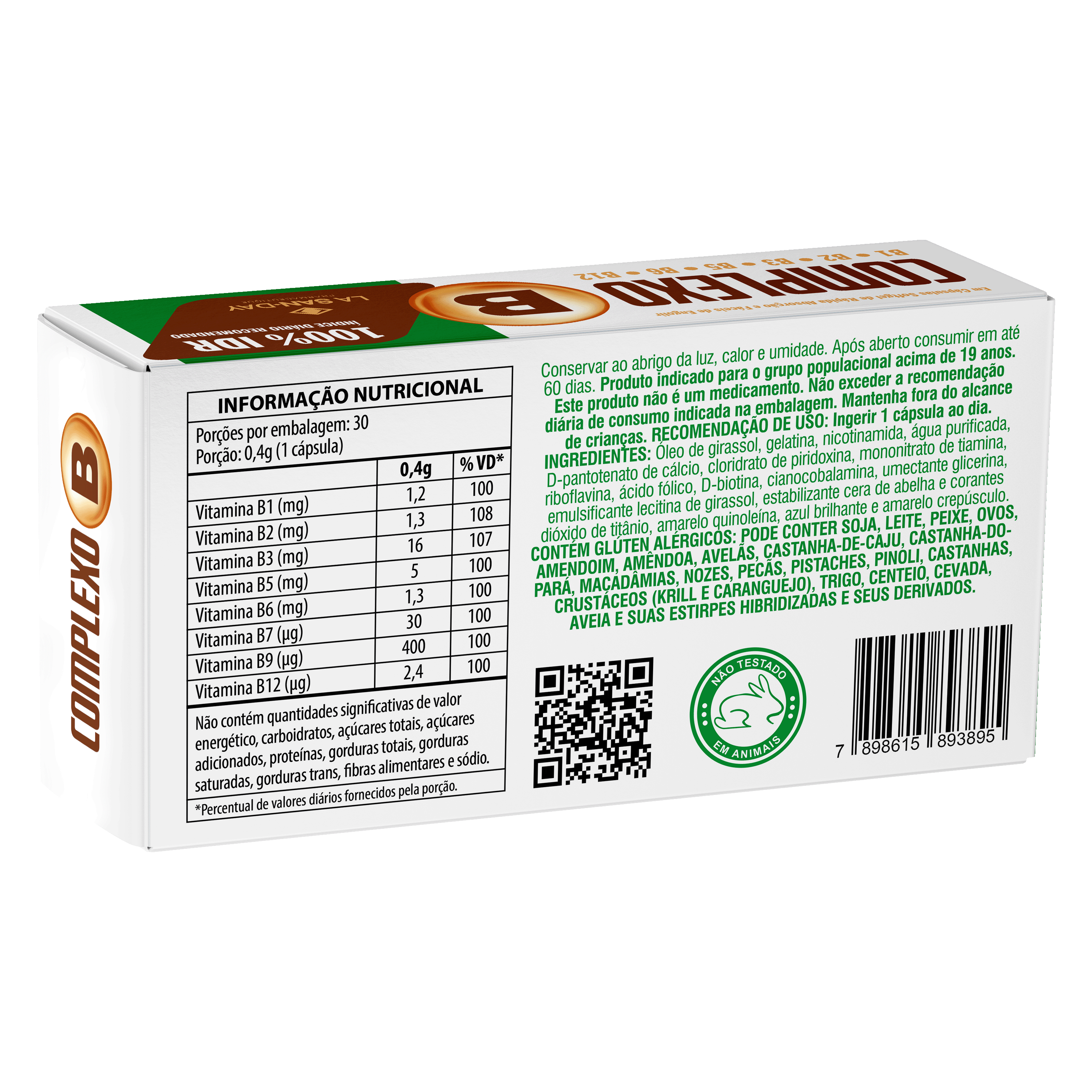 Suplemento Alimentar de Vitaminas do Complexo B 30 Cápsulas