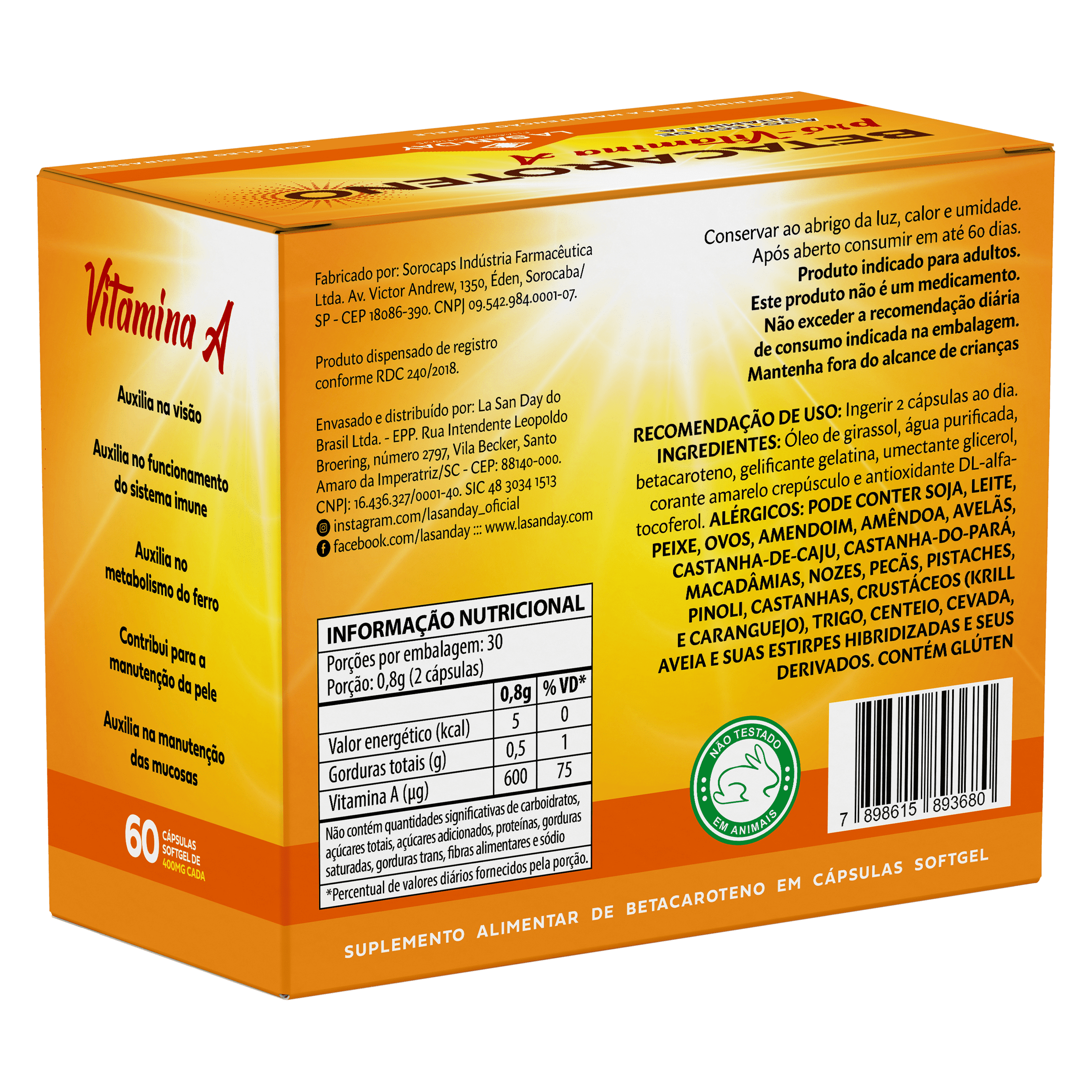 Suplemento Alimentar de Betacaroteno 60 Cápsulas Softgel