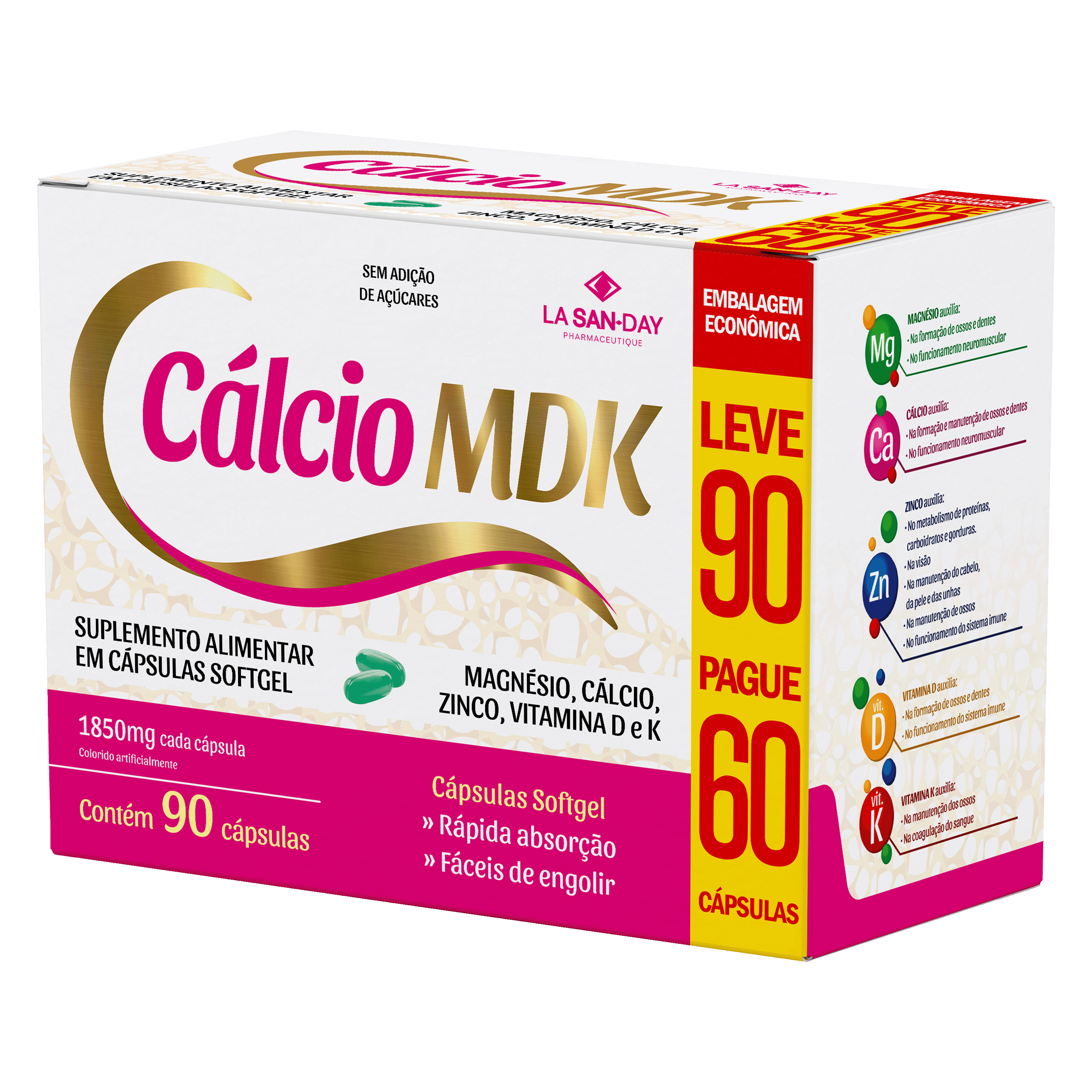 Cálcio, Magnésio, Zinco, K2 e D 90 Cápsulas