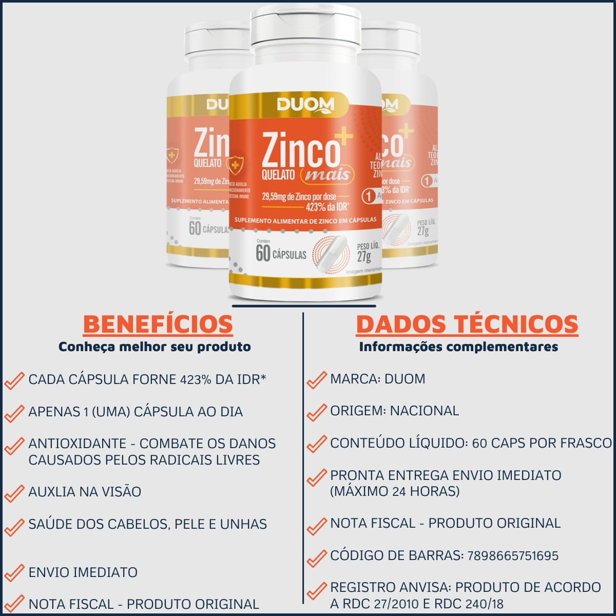 Kit 4 ZINCO QUELATO MAIS ULTRA CONCENTRADO 60 CAPS CADA DUOM
