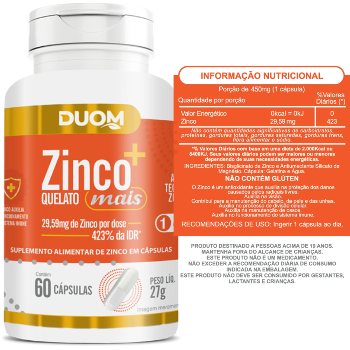 Kit 4 ZINCO QUELATO MAIS ULTRA CONCENTRADO 60 CAPS CADA DUOM