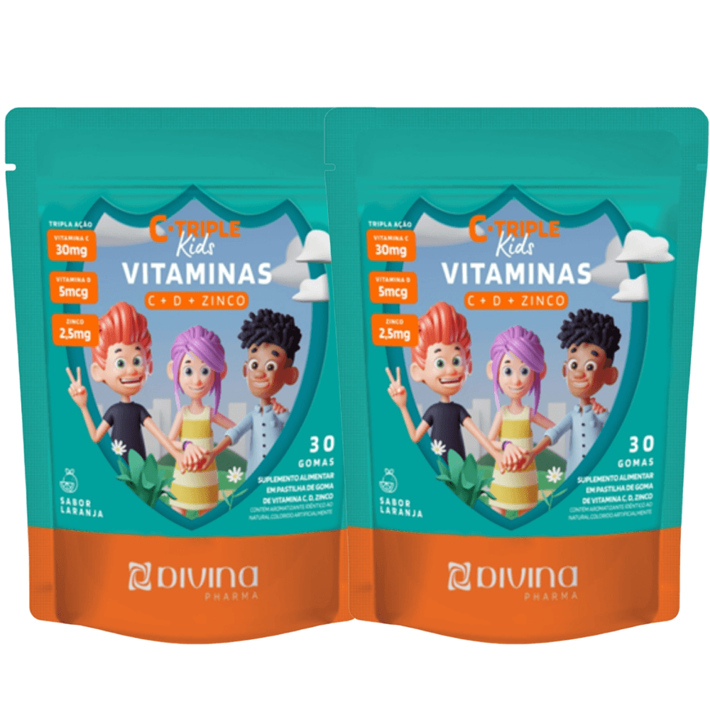 Kit 2 C-TRIPLE KIDS VITAMINAS C + D + ZINCO 30 GOMAS CADA LARANJA DIVINA