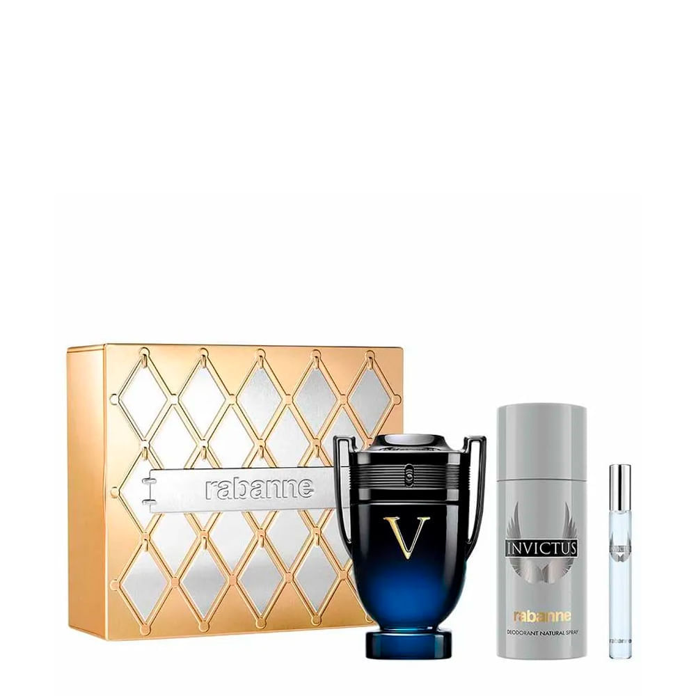 Kit Rabanne Invictus Victory Elixir Edp Perfume Masculino 100ml + Deodorant Spray 150ml + Travel Size 10ml
