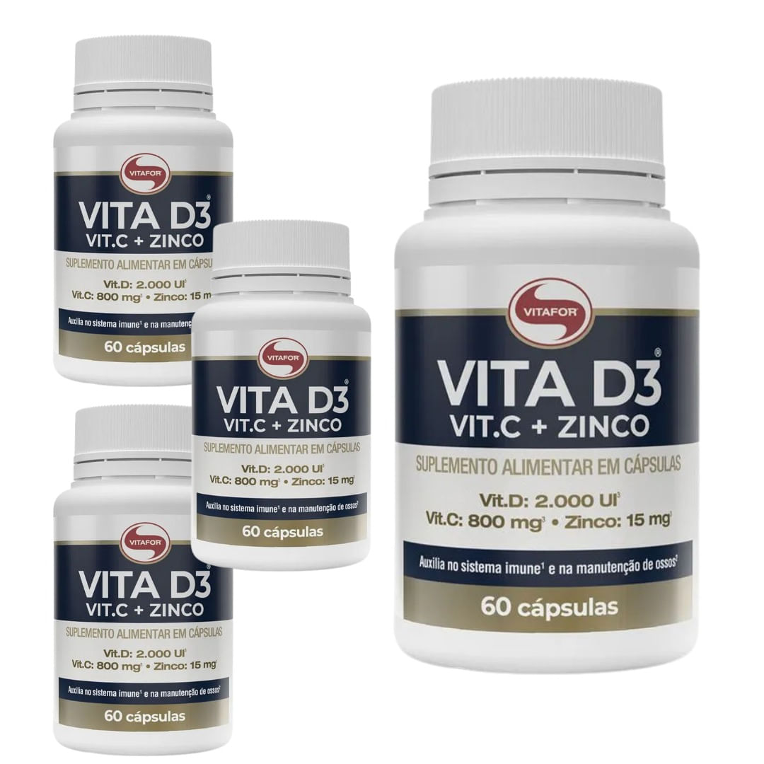 KIT 4 VITA D3 + C + ZINCO VITAFOR  60 CÁPSULAS CADA