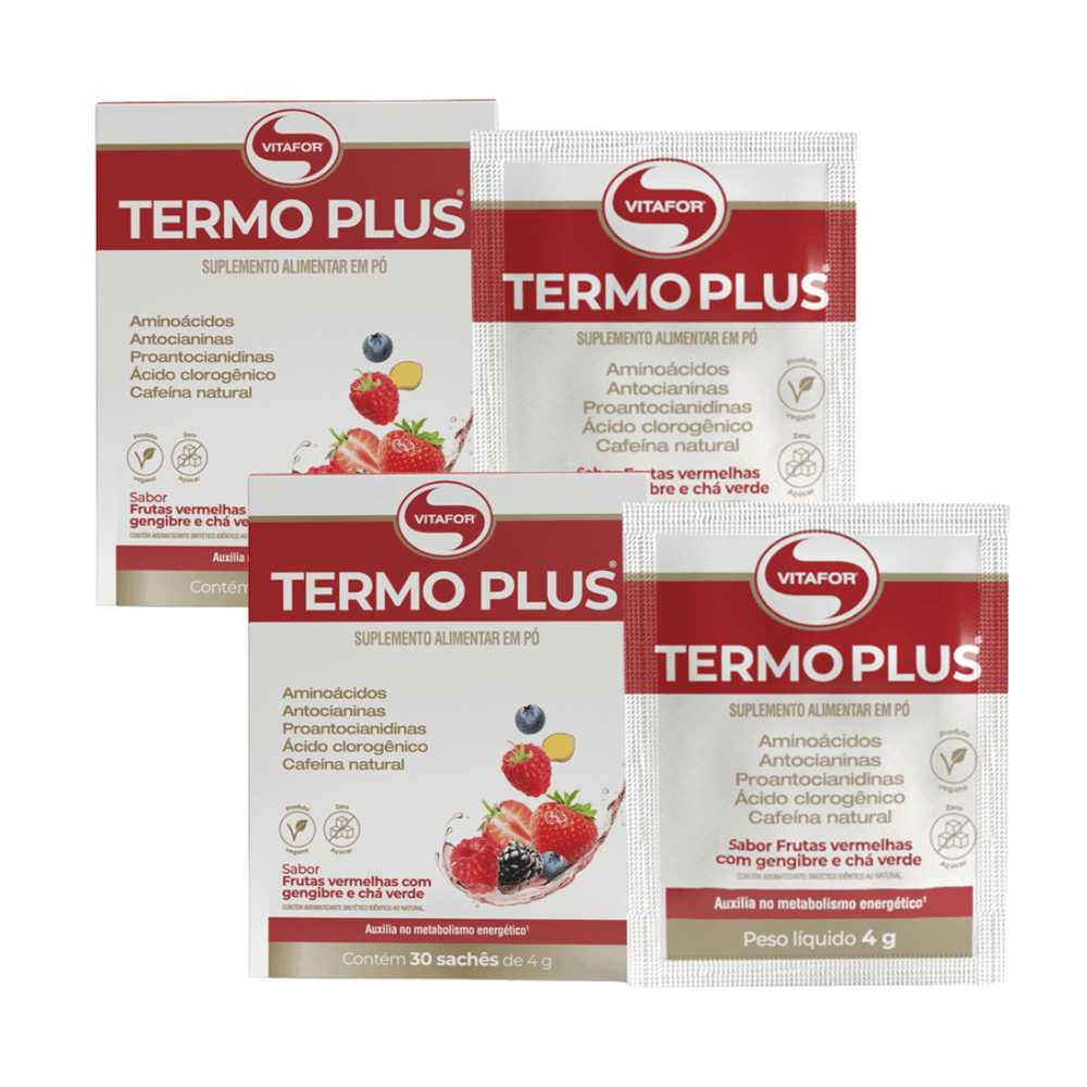 KIT 2 TERMO PLUS FRUTAS VERMELHAS COM GENGIBRE E CHÁ VERDE VITAFOR 30 SACHÊS CADA DE 4g