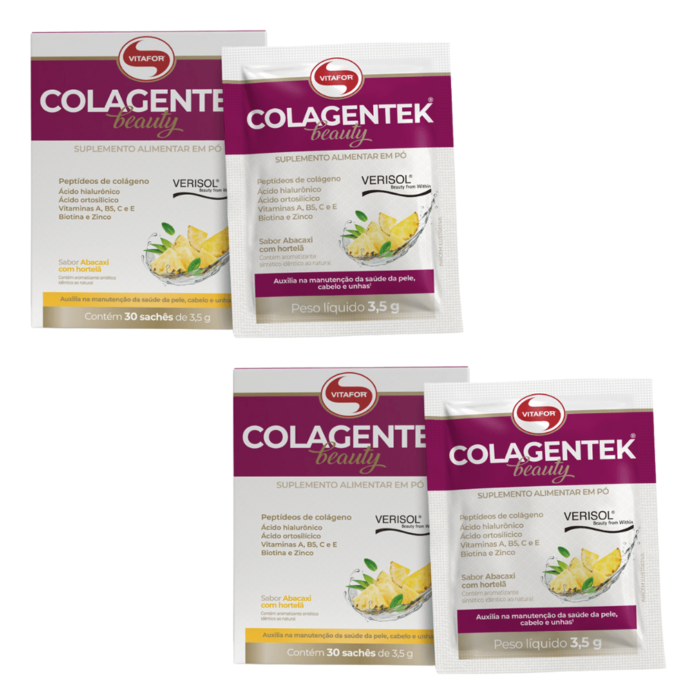 KIT 2 COLÁGENO VERISOL COLAGENTEK BEAUTY ABACAXI C/ HORTELÃ VITAFOR 30 SACHÊS CADA