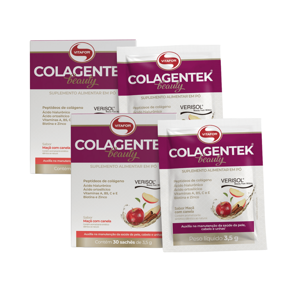 Kit 2 Colágeno Verisol Colagentek Beauty Maçã Com Canela Vitafor 30 Sachês Cada