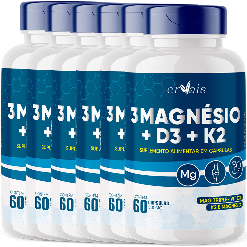 Kit 6 Frascos 3 Magnésio Malato Taurato Bisglicinato D3 K2 Magtriple Mk-7 Menoquinona