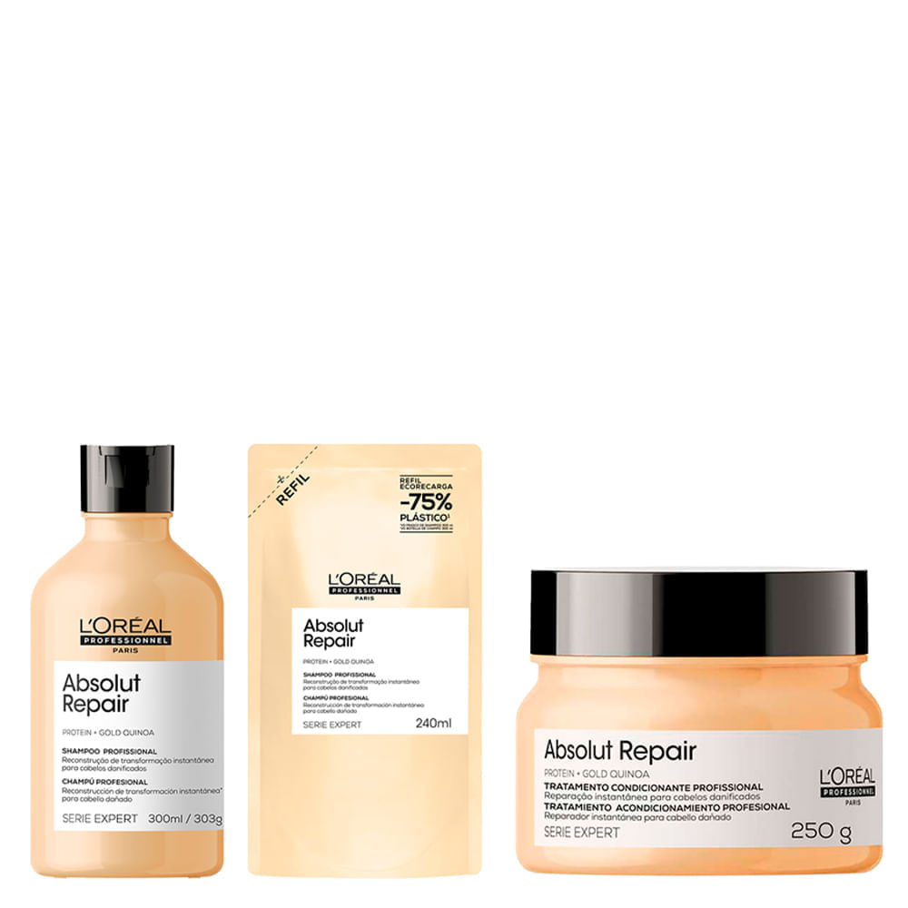 Kit L'oréal Professionnel Absolut Repair Shampoo Refil 240ml + Shampoo 300ml + Máscara 250g