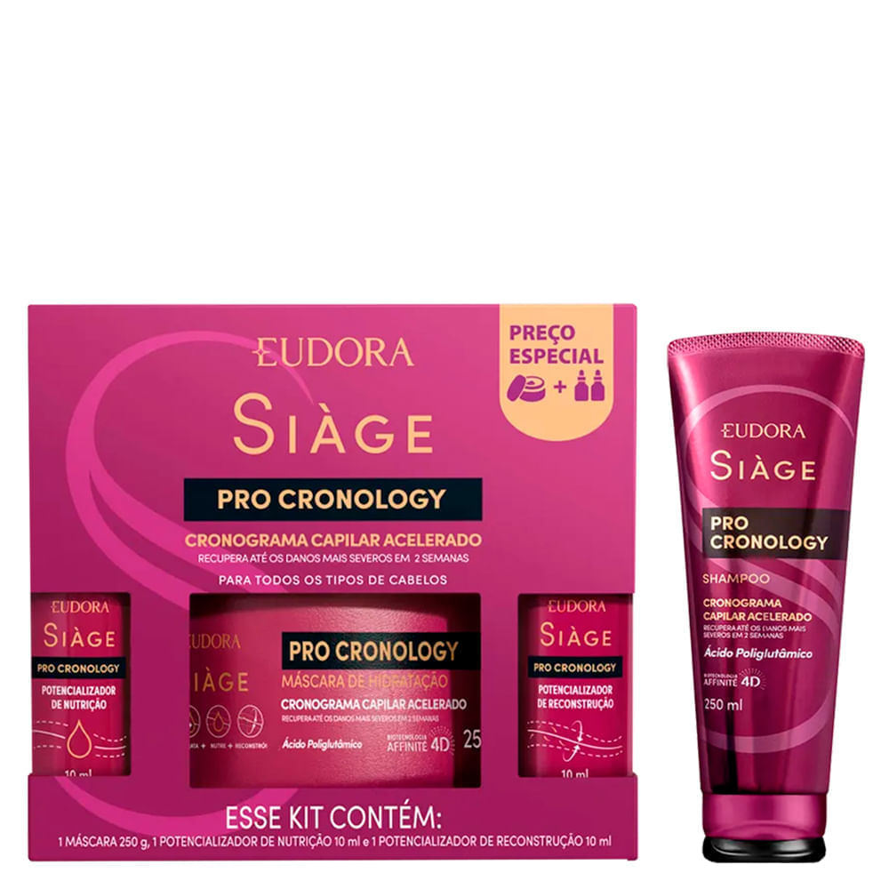 Kit Eudora Siàge Pro Cronology Cronograma Capilar Acelerado  3 Produtos + Shampoo 250 ml