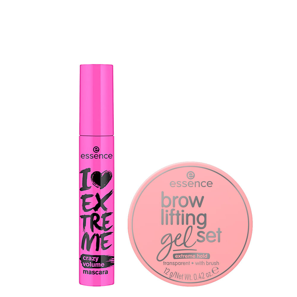 Kit Essence Máscara para Cílios I Love Extreme Crazy Volume Preta 12 ml + Gel de Sobrancelha 12 g