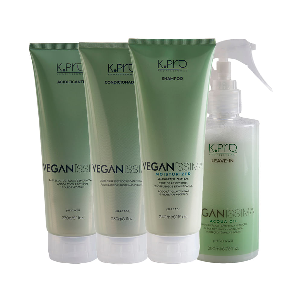 Kit K Pro Profissional Veganissima  Shampoo 240 ml + Condicionador 230 g + Leave In 200 ml + Acidificante 230 g