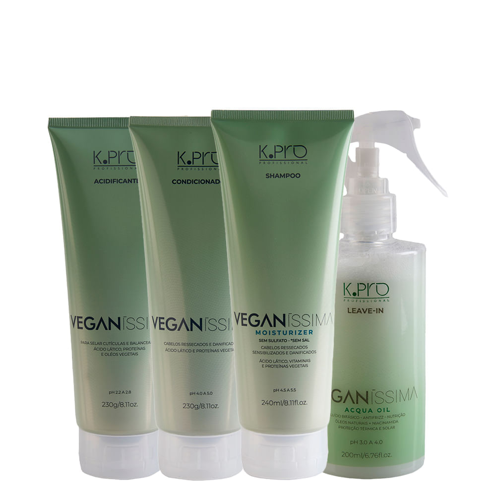 Kit K Pro Profissional Veganissima  Shampoo 240 ml + Condicionador 230 g + Leave In 200 ml + Acidificante 230 g