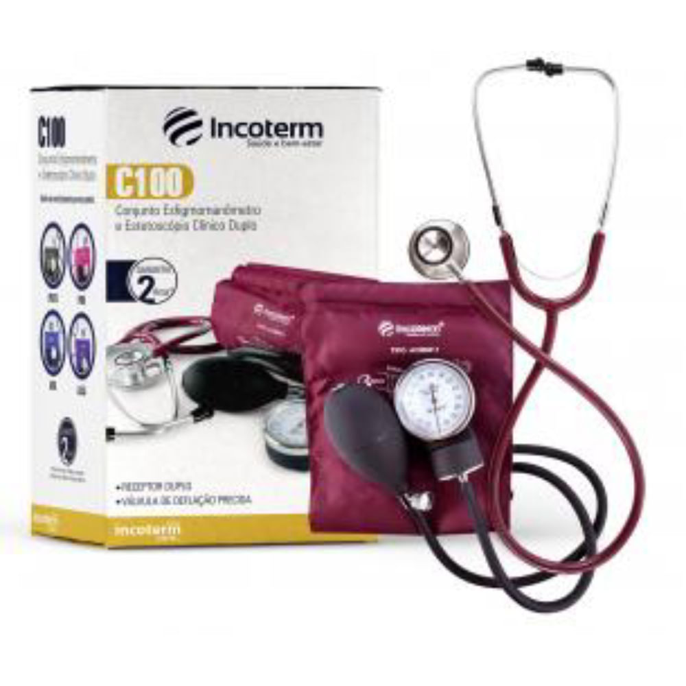 Conjunto Estetoscópio Clínico Duplo EC100 e Esfigmomanômetro Aneróide EA100 Incoterm Bordô