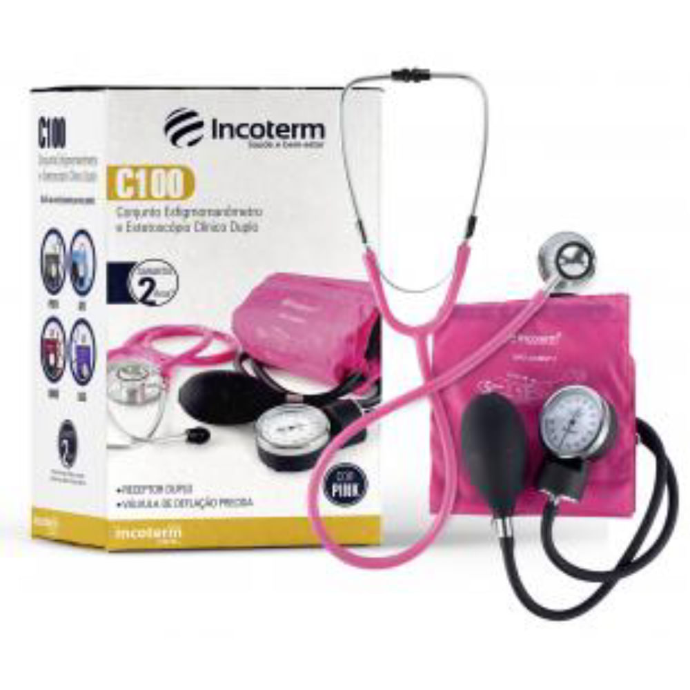 Conjunto Estetoscópio Clínico Duplo EC100 e Esfigmomanômetro Aneróide EA100 Incoterm Pink