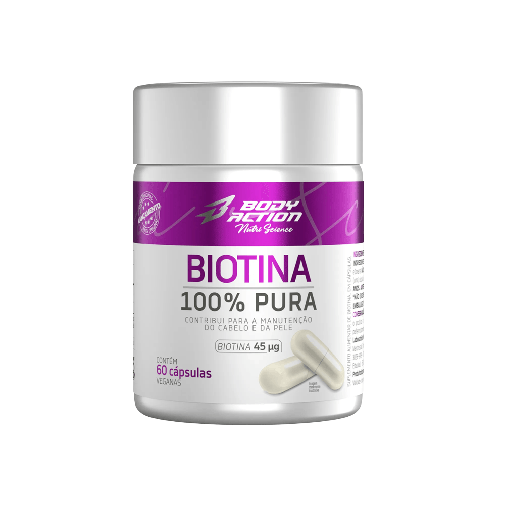 Suplemento Biotina 100% Pura Para Cabelos e Unhas Bodyaction 60 Cápsulas