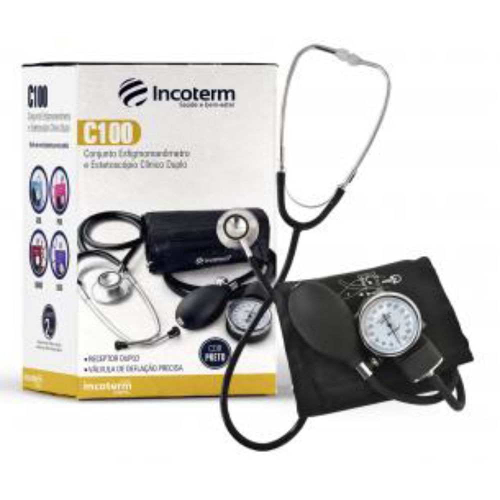 Conjunto Estetoscópio Clínico Duplo Ec100 + Esfigmomanômetro Aneróide Ea100 C100 Incoterm