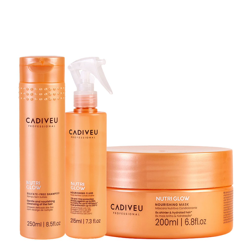 Kit Tratamento 3 Passos Cadiveu Professional Nutri Glow Shampoo 250ml + Máscara Nutritiva 200ml + Booster Milagroso 215ml