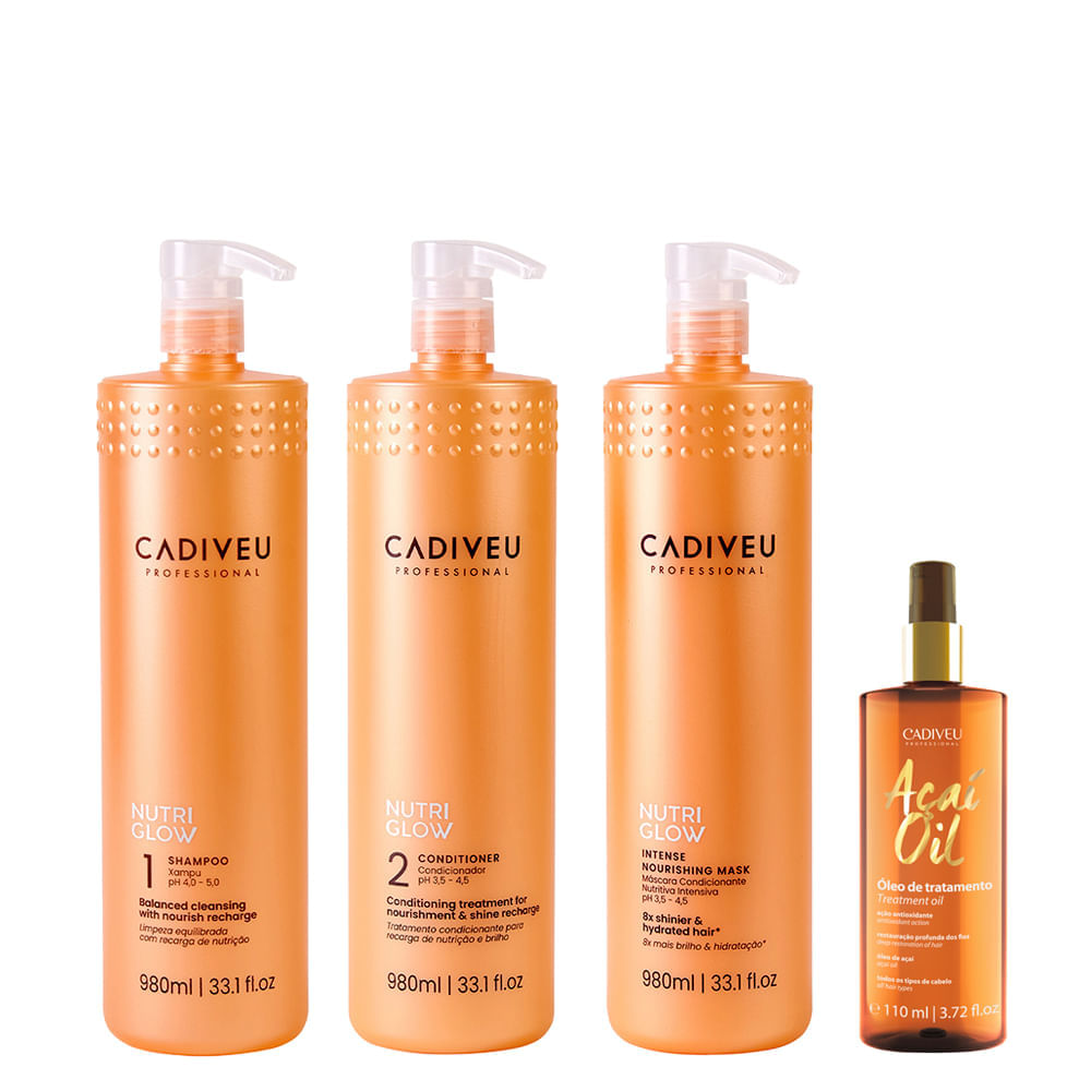 Kit Cadiveu Nutri Glow Shampoo 980ml + Condicionador 980ml + Máscara 980ml + Óleo 110ml