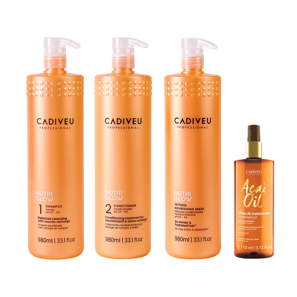 Kit Cadiveu Nutri Glow Shampoo 980ml + Condicionador 980ml + Máscara 980ml + Óleo 110ml