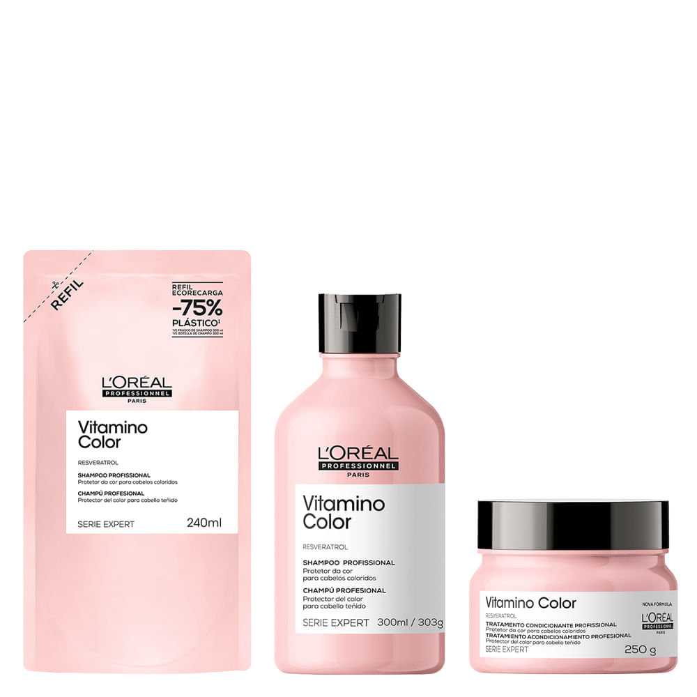 Kit L'oréal Professionel Serie Expert Vitamino Color Shampoo 240ml Refil + Shampoo 300ml + Máscara 250g