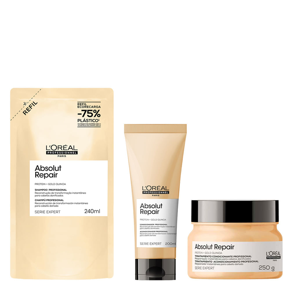 Kit L'oréal Professionel Serie Expert Absolut Repair Gold Quinoa Shampoo 240ml + Condicionador 200ml + Máscara 250g