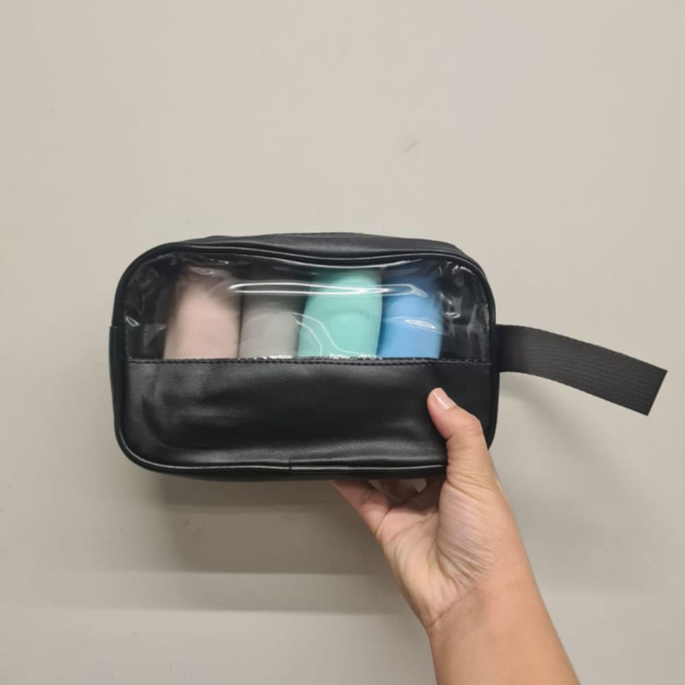 Kit Viagem 4 Frascos Silicone Porta Creme Shampoo 90ml + Bolsa Necessaire Estojo Organizador para cosméticos