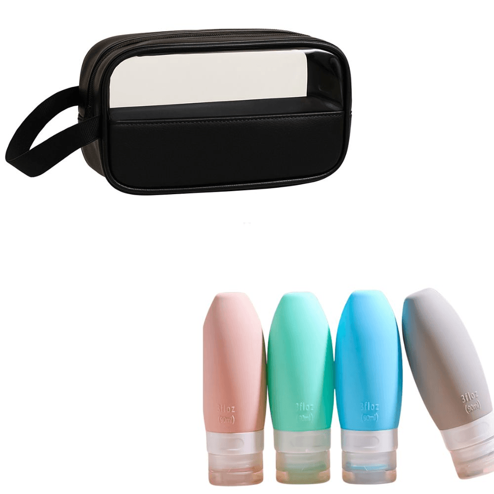 Kit Viagem 4 Frascos Silicone Porta Creme Shampoo 90ml + Bolsa Necessaire Estojo Organizador para cosméticos